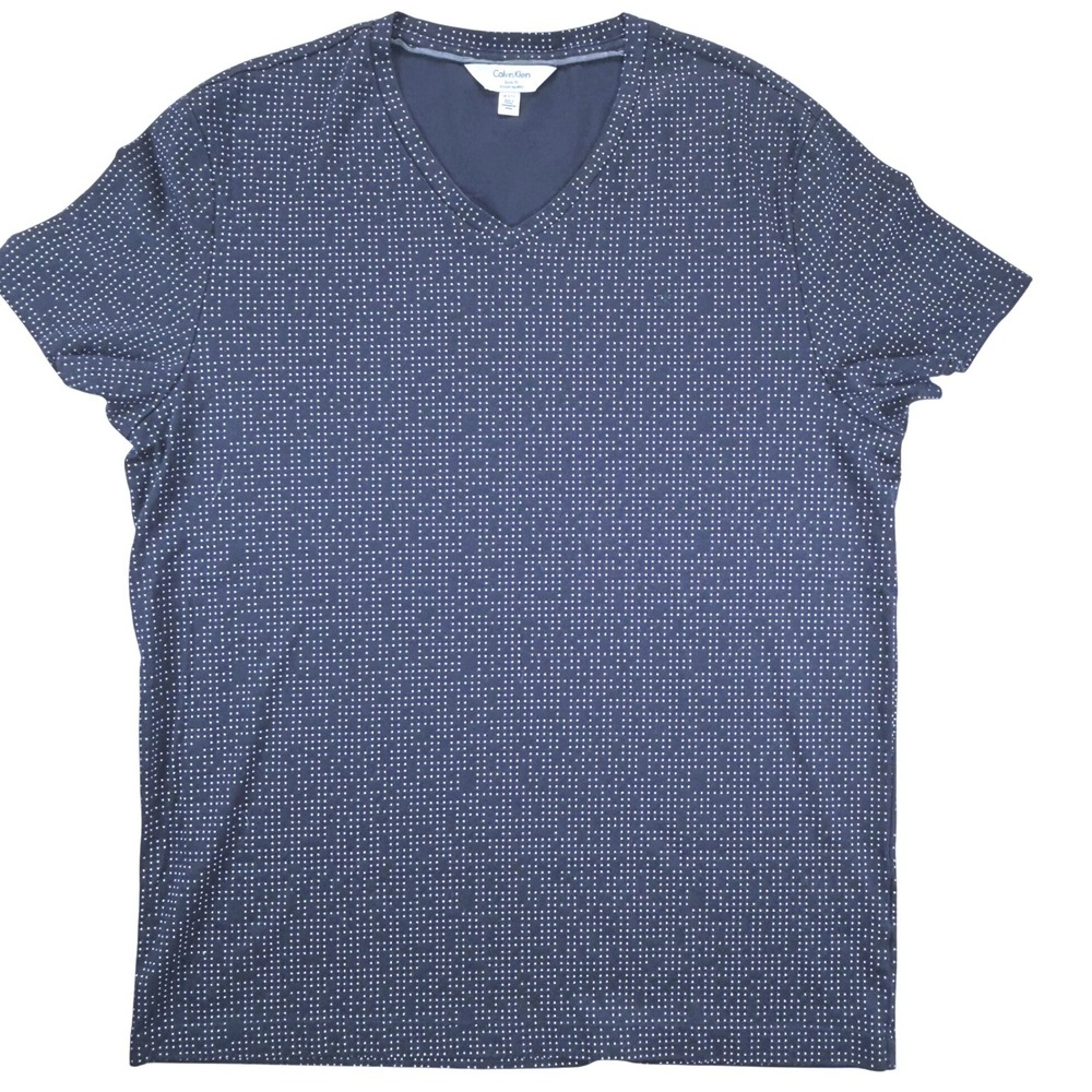 Calvin Klein Women‎ XL Body Fit V-Neck T-Shirt Blue White Polka Dot Cotton Blend